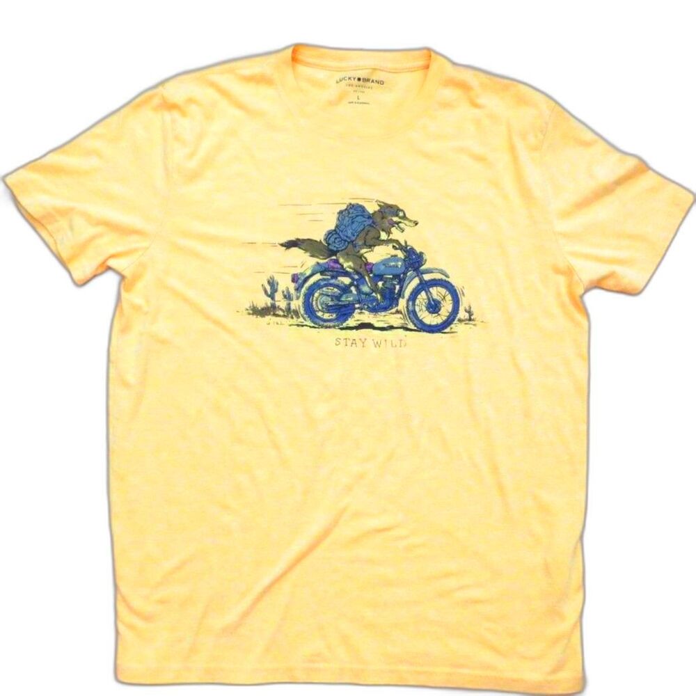 Lucky Brand Men's "Stay Wild" Coyote Biker Graphic T shirt Yellow L EUC - Picture 1 of 8